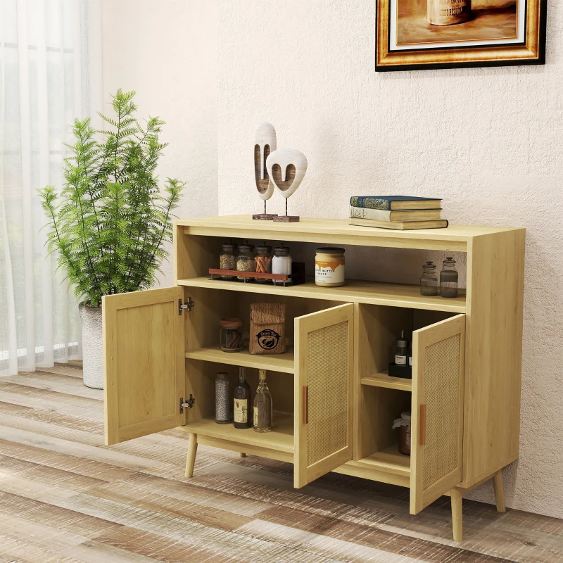 HOMCOM Aparador Sala de Estar de Estilo Cannage com 3 Portas de Vime Prateleiras Ajustáveis e Pés de Madeira 120x40x97 cm Madeira