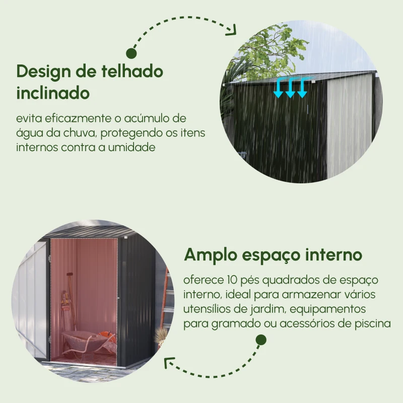 Outsunny Abrigo de Jardim 0,92 m² 100x103x160cm Abrigo Exterior de Aço Galvanizado com Porta Fechadura e Teto Inclinado para Armazenamento de Ferramentas Cinza Escuro