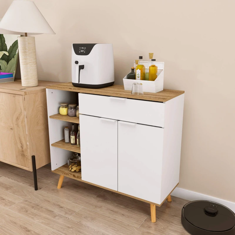 HOMCOM Aparador Sala de Estar com 1 Gaveta 2 Portas de Fechamento Suave e Prateleiras Ajustáveis 95x35x85 cm Branco e Madeira
