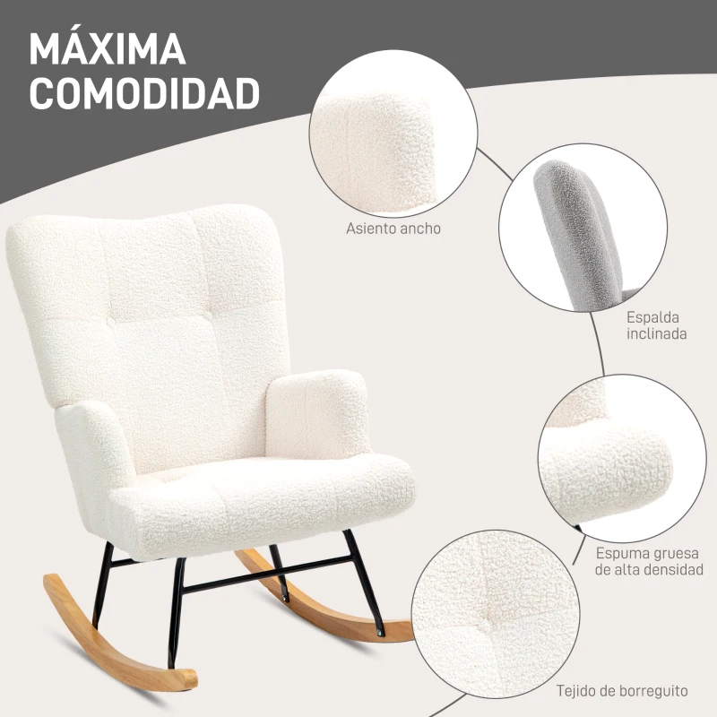 HOMCOM Silla Mecedora de Borreguito con Respaldo Capitoné y Base de Madera de Caucho para Salón o Dormitorio 65x88x87 cm Crema