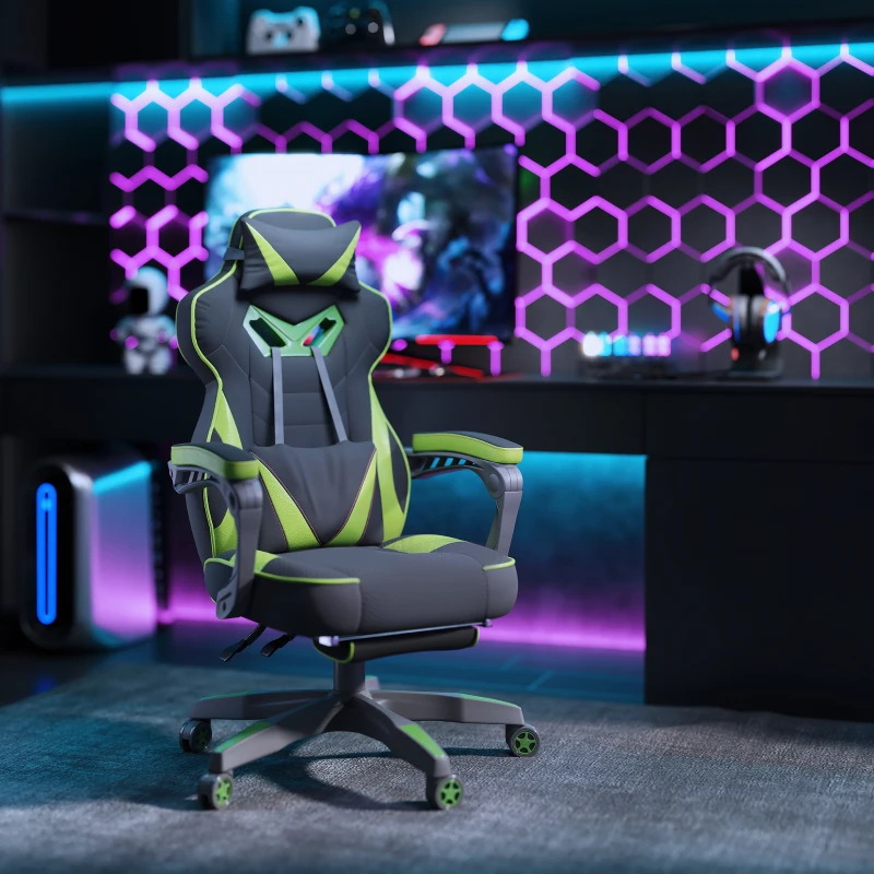 Vinsetto Cadeira de escritorio gaming ergonômica Altura Ajustável reclinável com apoio para pés Verde e Preto