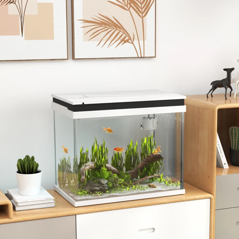 PawHut 41 Liter Glas-Aquarium met Filtersysteem, LED-Verlichting, Waterpomp, voor Diverse Vissoorten, Wit