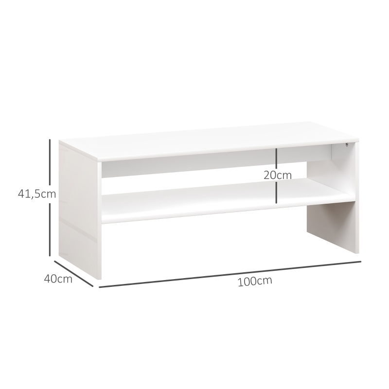 HOMCOM Mesa de Centro Mesa Auxiliar com Compartimento Aberto Mesa de Café para Sala de Estar 100x40x41,5 cm Branco Brilhante