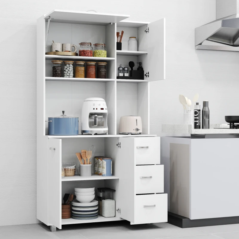 HOMCOM Armário de Cozinha Armário Alto com 3 Gavetas 4 Portas Prateleiras Interiores Ajustáveis e Pés Elevados Móvel Auxiliar para Sala de Jantar Sala de Estar 100x39,5x183,5cm Branco