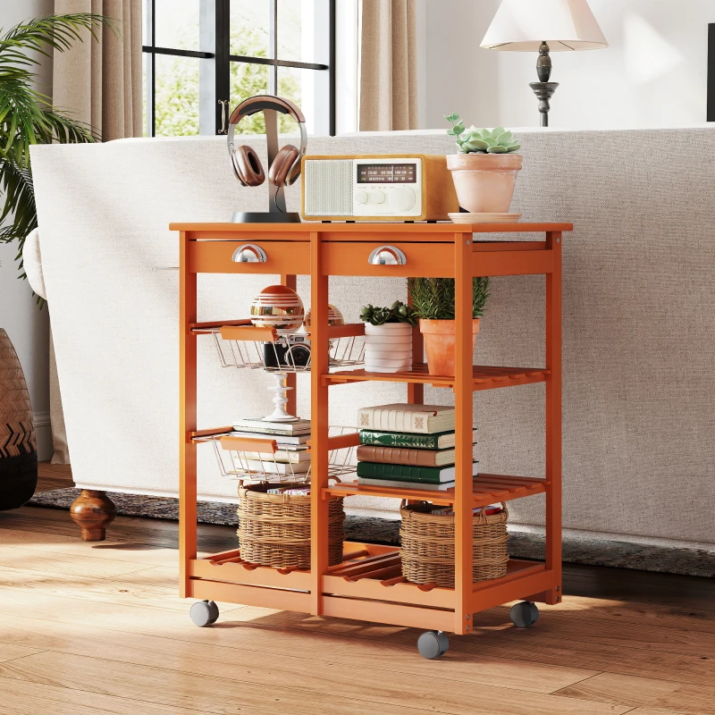HOMCOM Carrinho de Cozinha Multifuncional Carrinho Auxiliar de Madeira com Grande Espaço de Armazenamento Gavetas Cestas Prateleiras 4 Rodas 74x37x76 cm Madeira