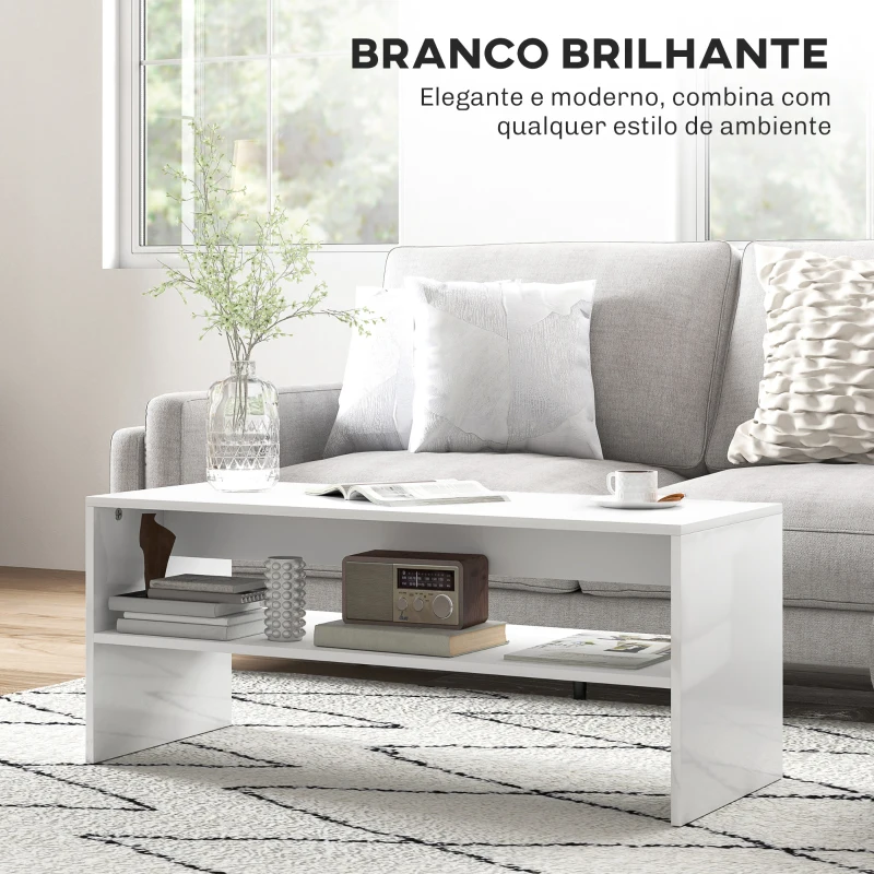 HOMCOM Mesa de Centro Mesa Auxiliar com Compartimento Aberto Mesa de Café para Sala de Estar 100x40x41,5 cm Branco Brilhante