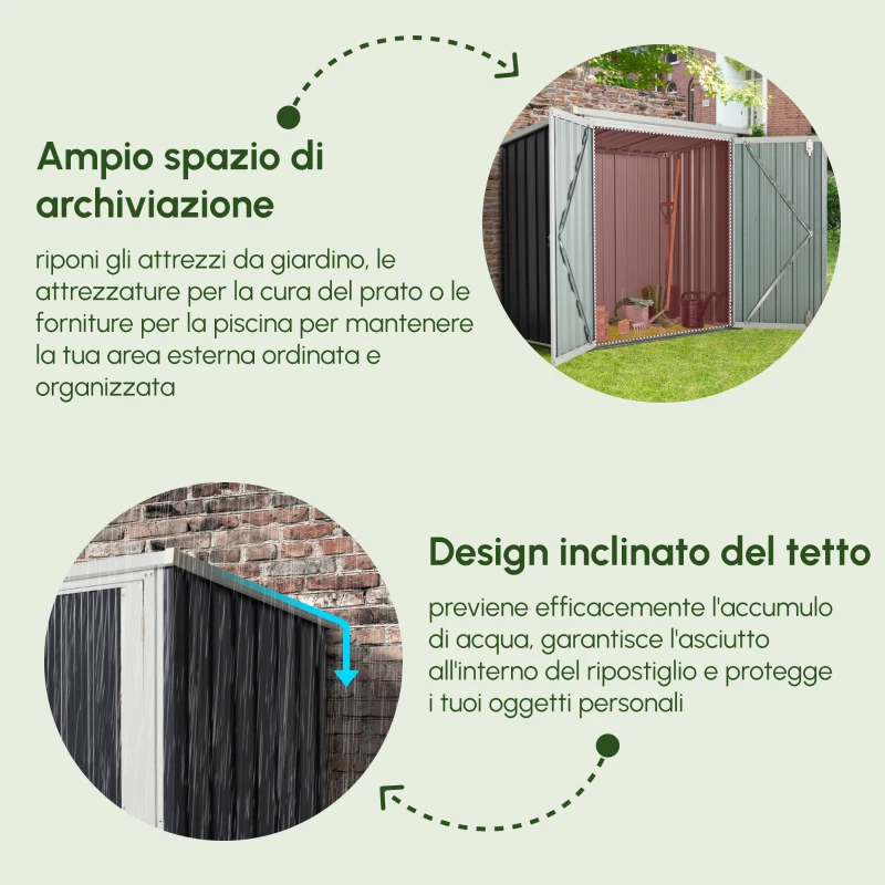 Outsunny Casetta da Giardino in Lamiera di Acciaio con Doppia Porta, 147x86x134cm, Nero e Bianco(m-4)