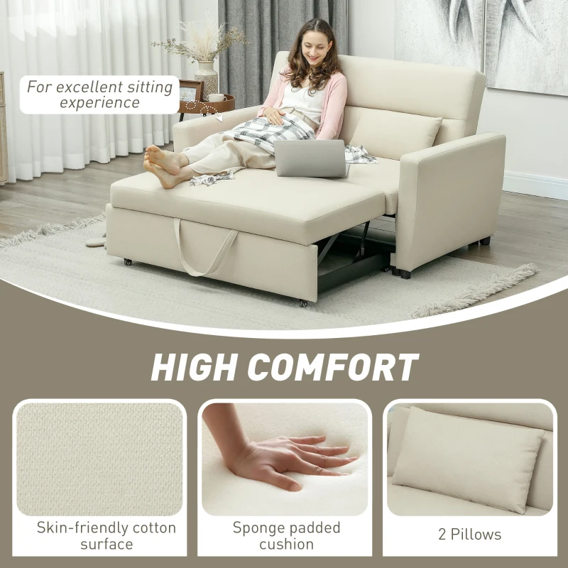 HOMCOM 2-zitsbank met Bedfunctie, Verstelbare Rugleuning, Gestoffeerde Bank, Fluweeluitstraling, voor Woonkamer, Slaapkamer, Beige