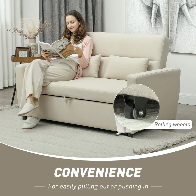 HOMCOM 2-zitsbank met Bedfunctie, Verstelbare Rugleuning, Gestoffeerde Bank, Fluweeluitstraling, voor Woonkamer, Slaapkamer, Beige