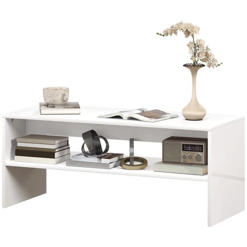HOMCOM Mesa de Centro Mesa Auxiliar com Compartimento Aberto Mesa de Café para Sala de Estar 100x40x41,5 cm Branco Brilhante