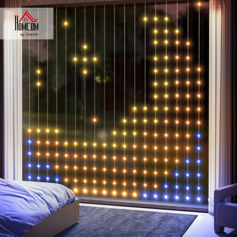 HOMCOM Gordijn met 400 LED-lichten, Dynamische Lichtsnoer met Muzieksynchronisatie voor Slaapkamer, Woonkamer, 3 x 3 m