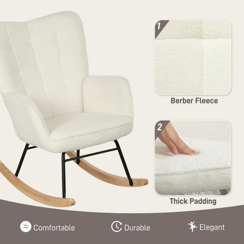 HOMCOM Schommelstoel in Berbervlies Look met Armleuningen, Ergonomische Stoel met Houten Glijders, voor Woonkamer, Slaapkamer, Wit(m-6)