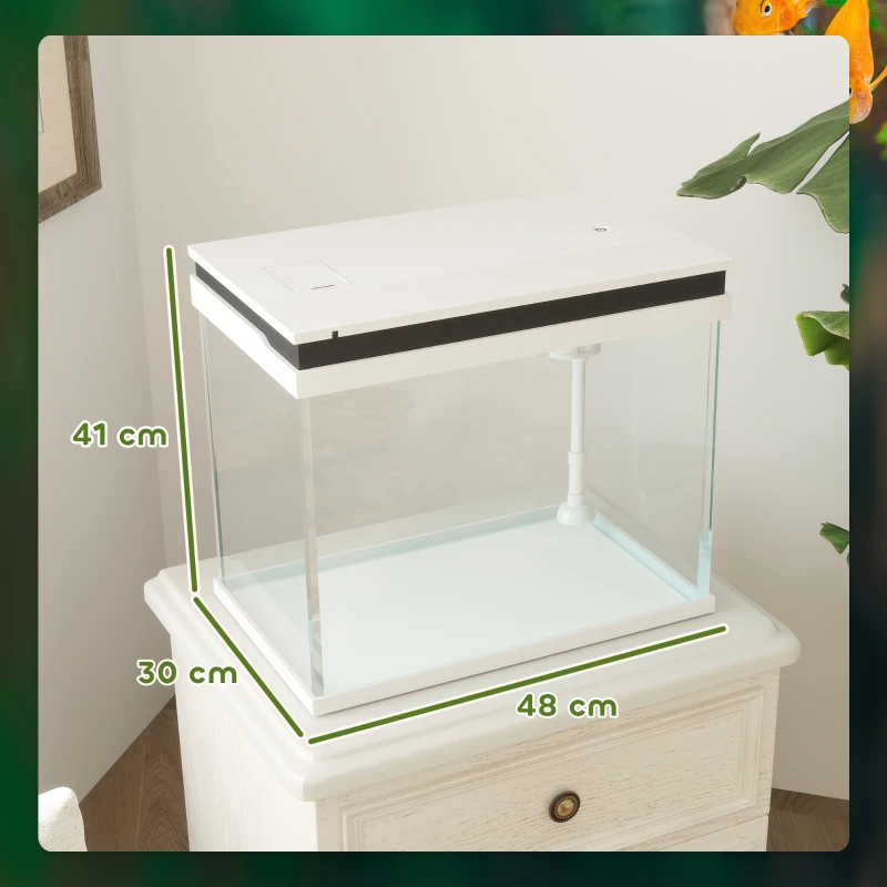 PawHut 41 Liter Glas-Aquarium met Filtersysteem, LED-Verlichting, Waterpomp, voor Diverse Vissoorten, Wit