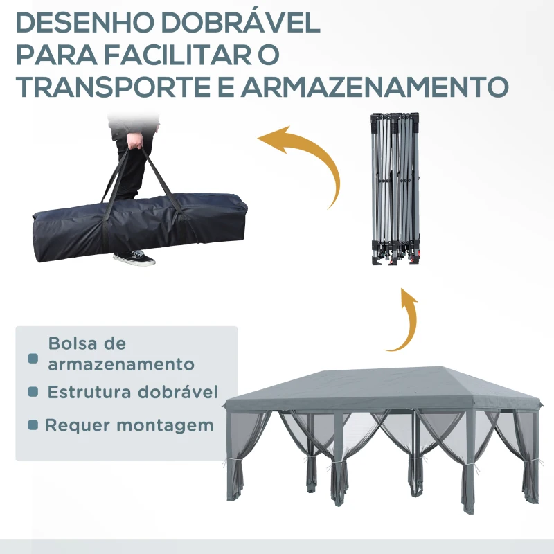 Outsunny Tenda Dobrável 585x295x270 cm Tenda de Jardim com 6 Mosquiteiros Bolsa de Transporte e Estrutura de Aço Cinza