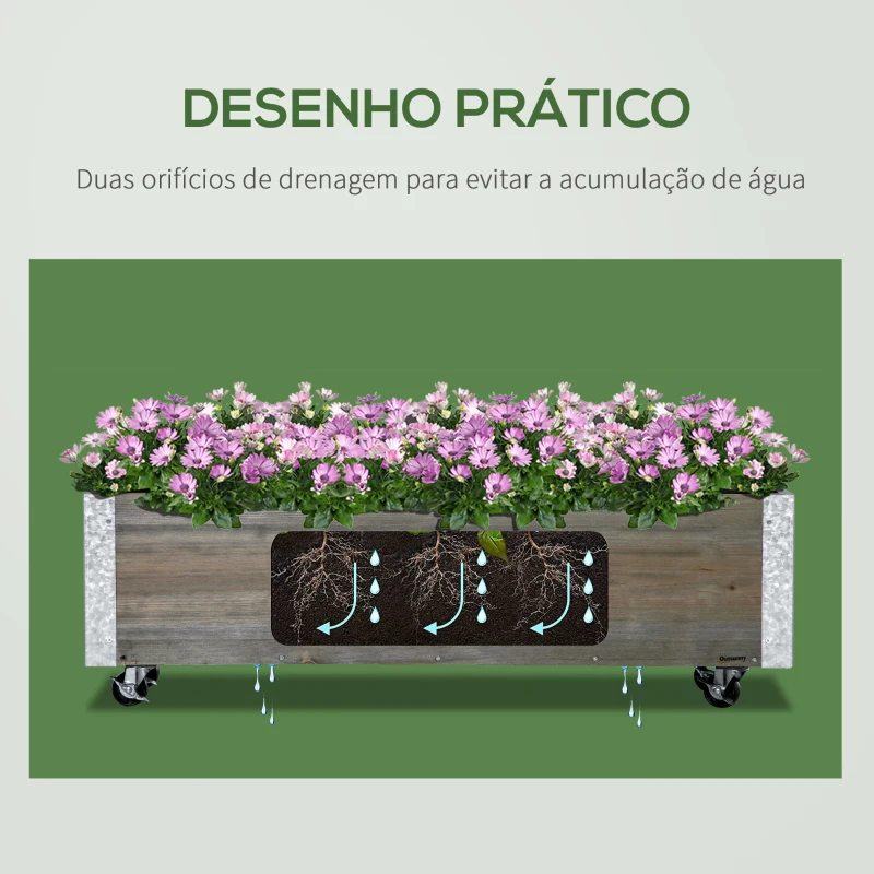 Outsunny Floreira Exterior com Rodas com Tecido não Tecido Floreira com Sistema de Drenagem 96x30,6x30 cm Madeira Acinzentada