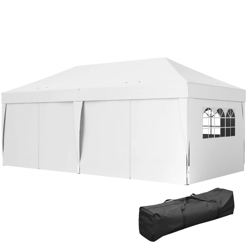 Outsunny Tenda Dobrável 5,90x2,95 m Tenda de Jardim com 6 Paredes Laterais Impermeável Anti-UV e Bolsa de Transporte Branco