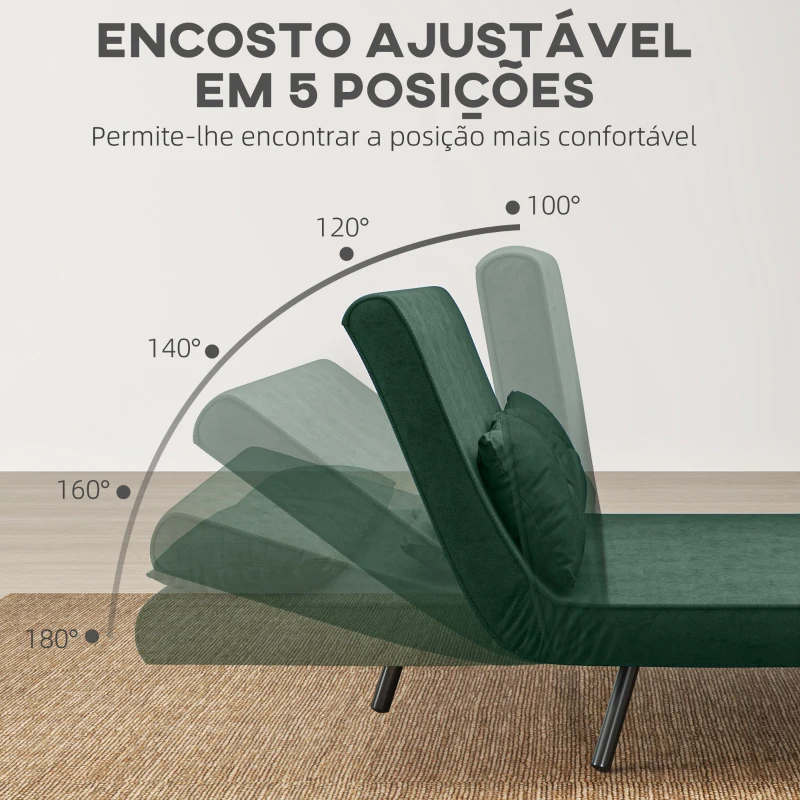 HOMCOM Sofá Cama Sofá Convertível em Cama de 2 Lugares Dobrável com Encosto Ajustável em 5 Níveis e 2 Almofadas 102x73x81 cm Verde