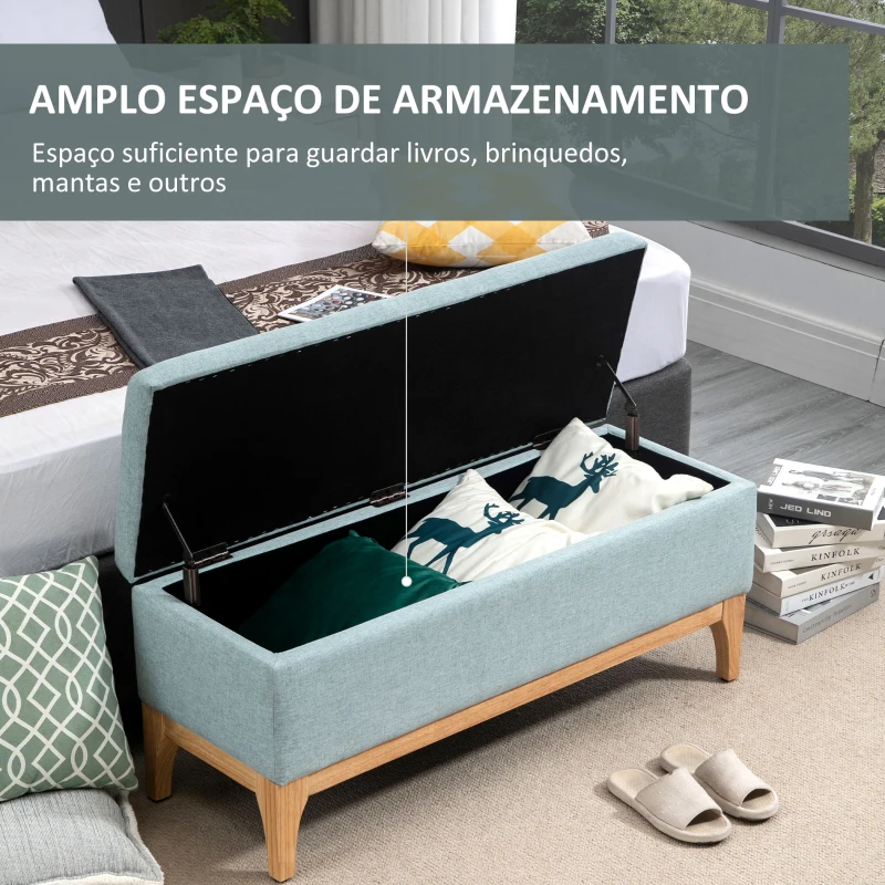 HOMCOM Banco Pé de Cama com Arrumação 72L Estofado em Linho com Pés de Madeira e Almofadas Ajustáveis  110x39x45 cm Cinzento Azulado