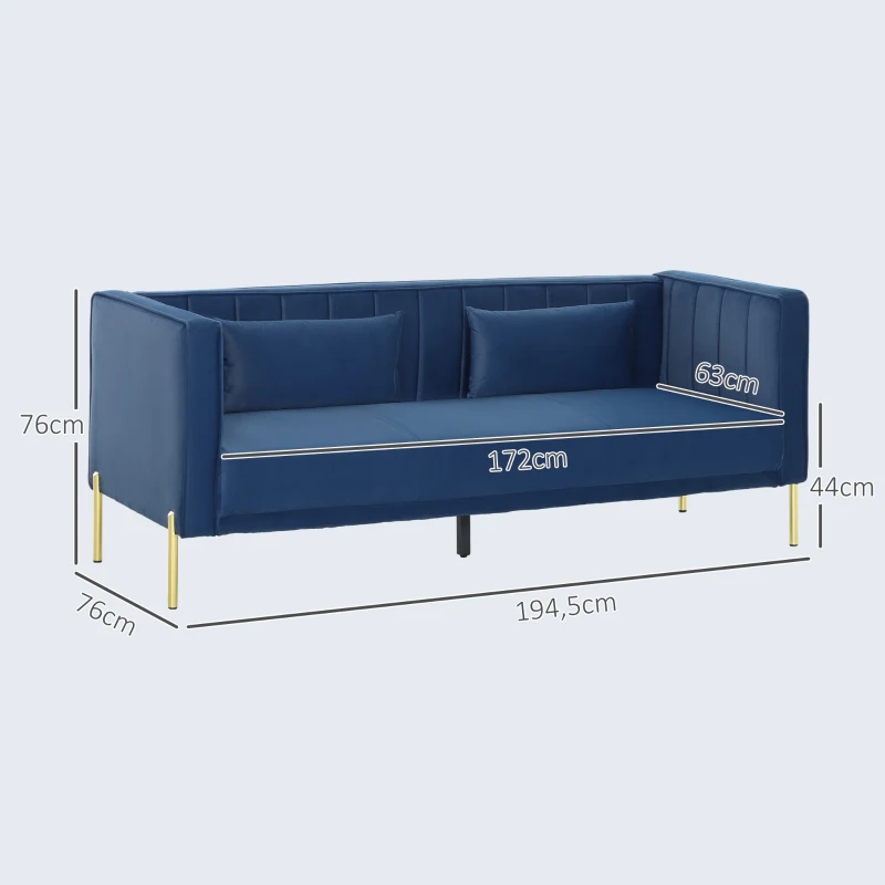 HOMCOM Sofá de 3 Lugares Estofado em Veludo com 2 Almofadas Apoio para os Braços e Pés Dourados 194,5x76x76 cm Azul Marinho