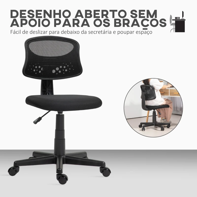 HOMCOM Cadeira de Escritório sem Apoio para os Braços com Encosto de Malha Respirável Altura Ajustável 43x48x78-88 cm Preto