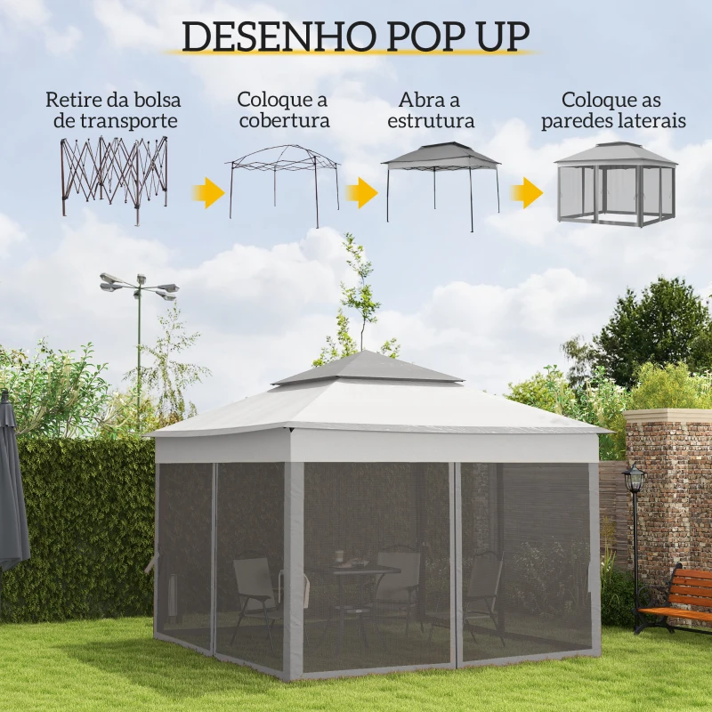 Outsunny Tenda Dobrável Exterior 325x325x270 cm Tenda de Jardim com Teto Duplo Rede Mosquiteira Amovível e Bolsa de Transporte Cinzento