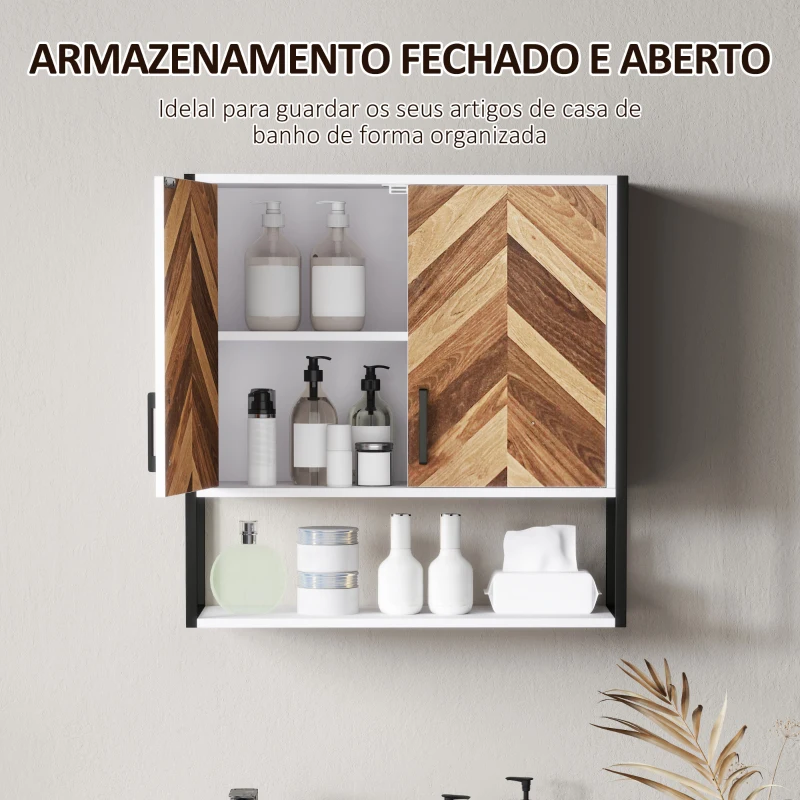 HOMCOM Armário de Parede para Casa de Banho com 2 Portas Prateleiras Ajustáveis e Prateleira Aberta 59x20x60 cm Branco e Madeira