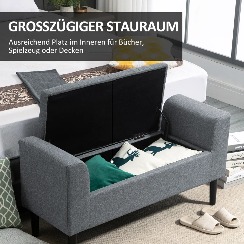 HOMCOM Zitbank met Opbergruimte, Gestoffeerde Bank, Belastbaar tot 130 kg, Linnenlook, Rubberhout, 116 x 44 x 58 cm, Lichtgrijs(m-4)