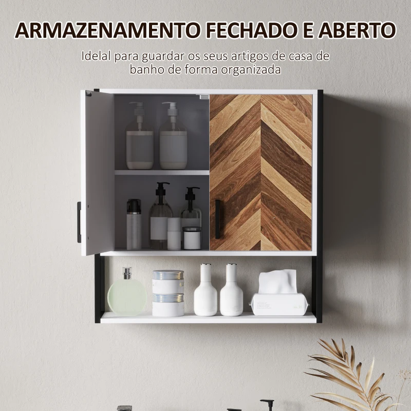 HOMCOM Armário de Parede para Casa de Banho com 2 Portas Prateleiras Ajustáveis e Prateleira Aberta 59x20x60 cm Branco e Madeira