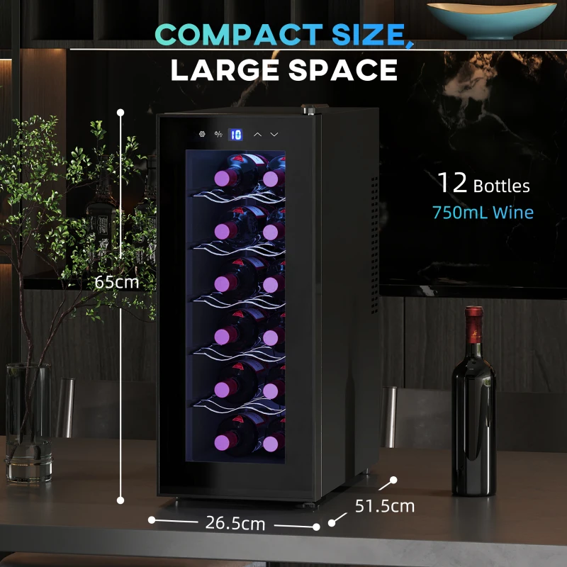 HOMCOM Frigider Termoelectric Dublu pentru 12 Sticle de Vin cu Ușă de Sticlă și Lumină LED, 26,5x51,5x65 cm, Negru