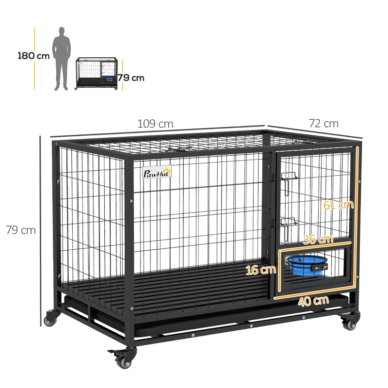 PawHut Gaiola para Cães com Parte Superior Rebatível Suporte de Tigelas Bandeja Amovível Rodas e Porta Dupla 109x72x79 cm Preto