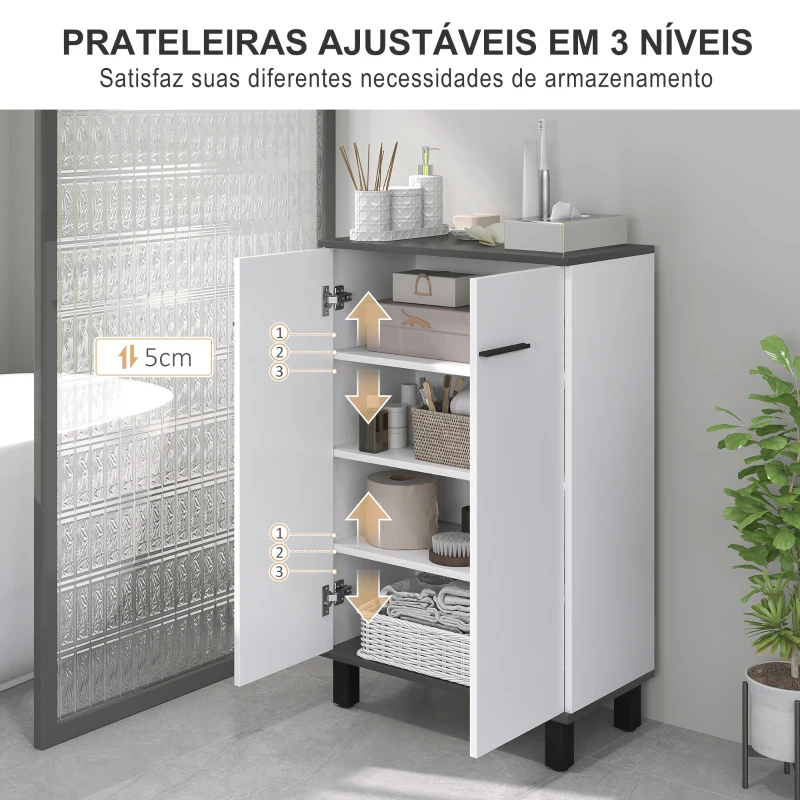 HOMCOM Armário Casa de Banho Móvel Auxiliar Casa de Banho com Portas Prateleiras Ajustáveis e Sistema Anti-Tombo 60x34x94 cm Branco