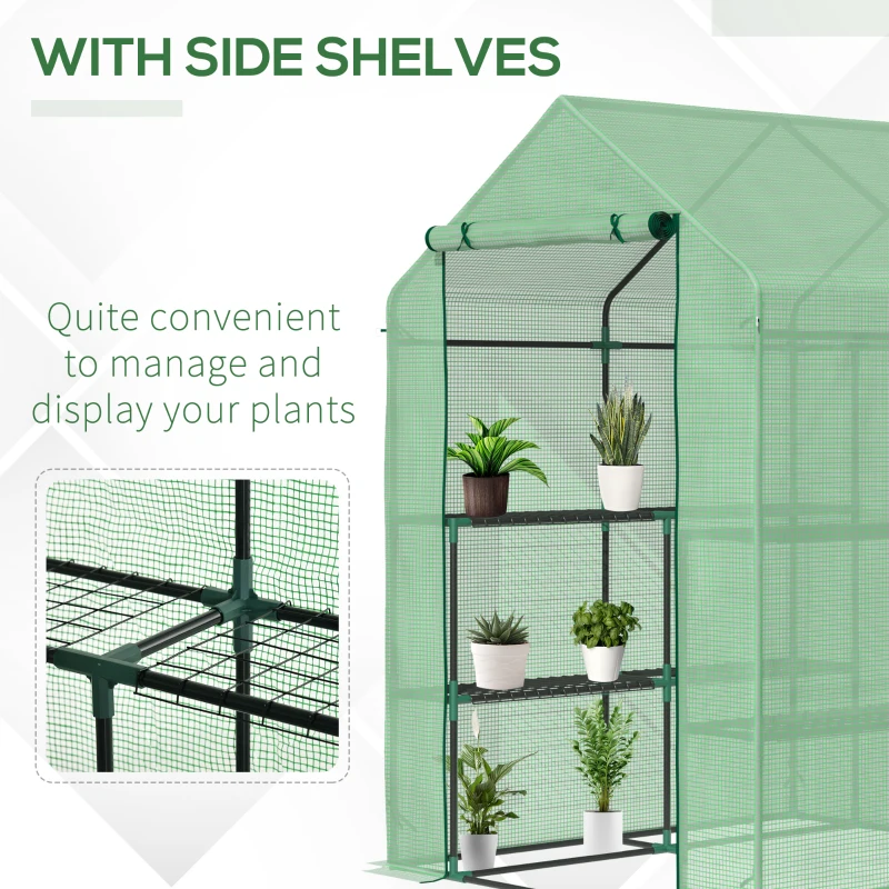 Outsunny Walk-in Small Greenhouse with Shelves, Outdoor Green House Grow House with Waterproof PE Cover and Roll-up Door, 143x143x195cm, Green