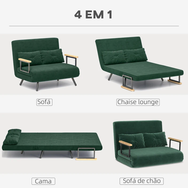 HOMCOM Sofá Cama Sofá Convertível em Cama de 2 Lugares Dobrável com Encosto Ajustável em 5 Níveis e 2 Almofadas 102x73x81 cm Verde