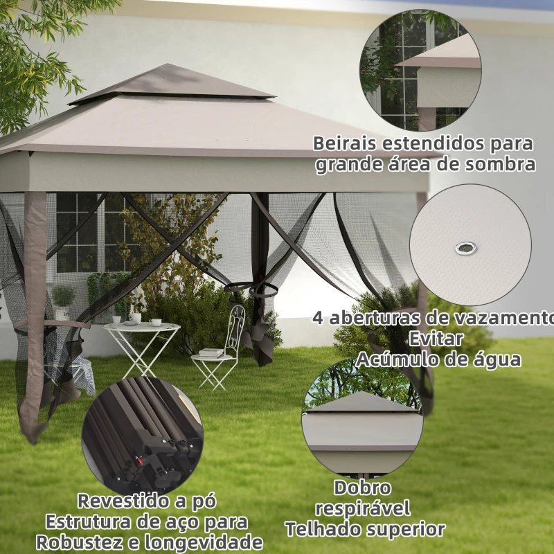 Outsunny Tenda Dobrável Exterior 325x325x270 cm Tenda de Jardim com Teto Duplo Rede Mosquiteira Amovível e Bolsa de Transporte Cinza