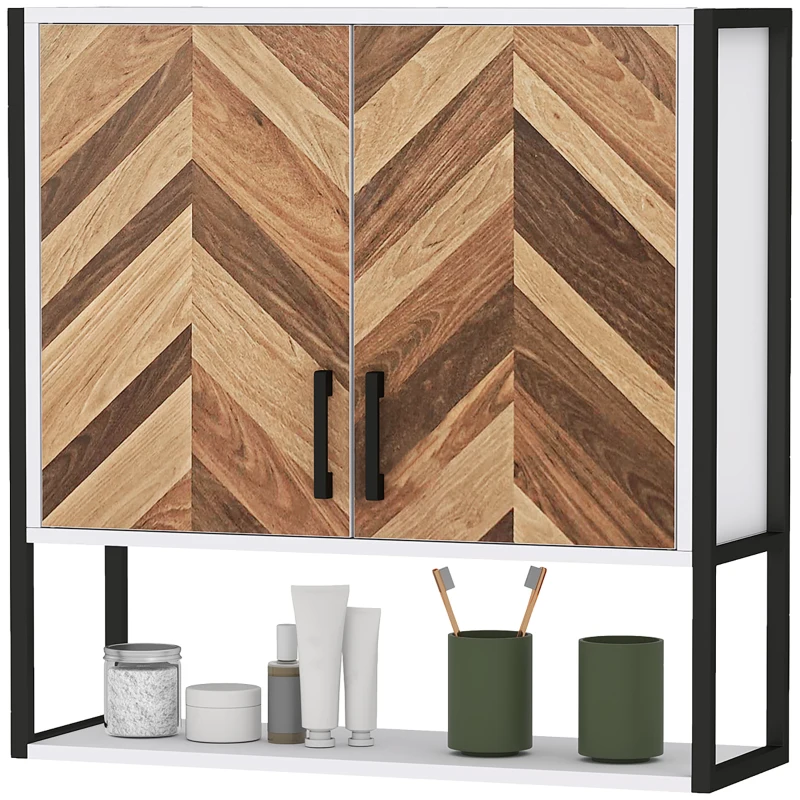 HOMCOM Armário de Parede para Casa de Banho com 2 Portas Prateleiras Ajustáveis e Prateleira Aberta 59x20x60 cm Branco e Madeira