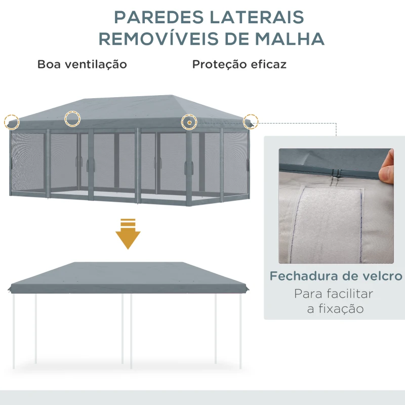 Outsunny Tenda Dobrável 585x295x270 cm Tenda de Jardim com 6 Mosquiteiros Bolsa de Transporte e Estrutura de Aço Cinza