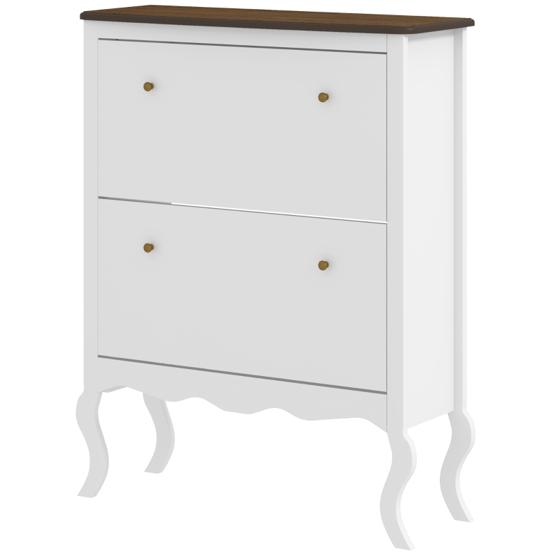 HOMCOM Móvel Sapateira Estilo Francês Sapateira com 2 Gavetas Prateleiras Ajustáveis para 16 Pares de Sapato 84x29x109 cm Branco