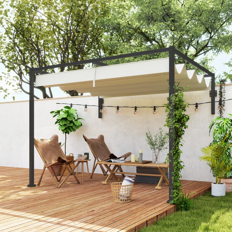 Outsunny Pérgola de Parede 297x211x220 cm Pérgola de Jardim com Teto Retrátil e Estrutura de Aço Pérgola Creme