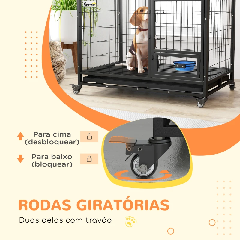 PawHut Gaiola para Cães com Parte Superior Rebatível Suporte de Tigelas Bandeja Amovível Rodas e Porta Dupla 109x72x79 cm Preto
