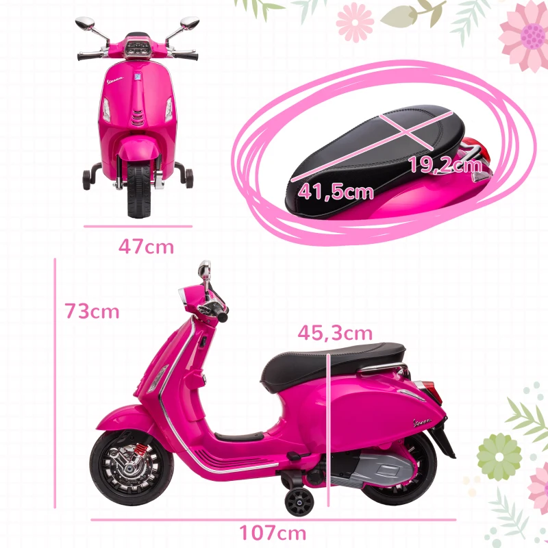 AIYAPLAY Moto Elétrica para Crianças com Licença Vespa 6V com USB MP3 Luz LED Rádio FM  Velocidade 3 km/h 107x47x73 cm Rosa