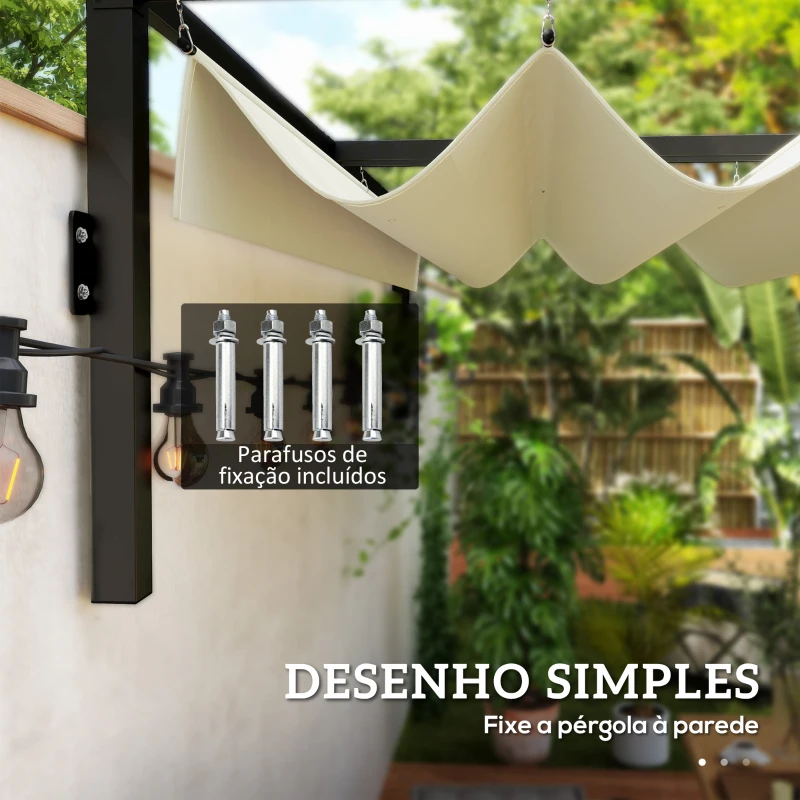 Outsunny Pérgola de Parede 297x211x220 cm Pérgola de Jardim com Teto Retrátil e Estrutura de Aço Pérgola Creme