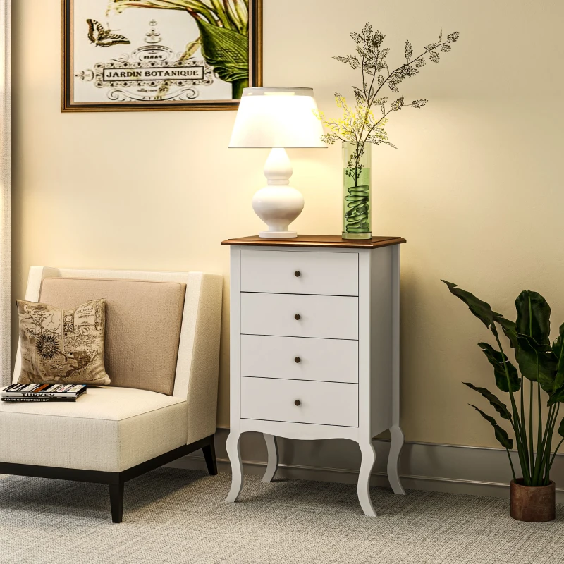 HOMCOM Cómoda com 4 Gavetas Cómoda para Dormitório Estilo Francês com Sistema Anti-Tombo 60x40x98,5 cm Branco e Madeira