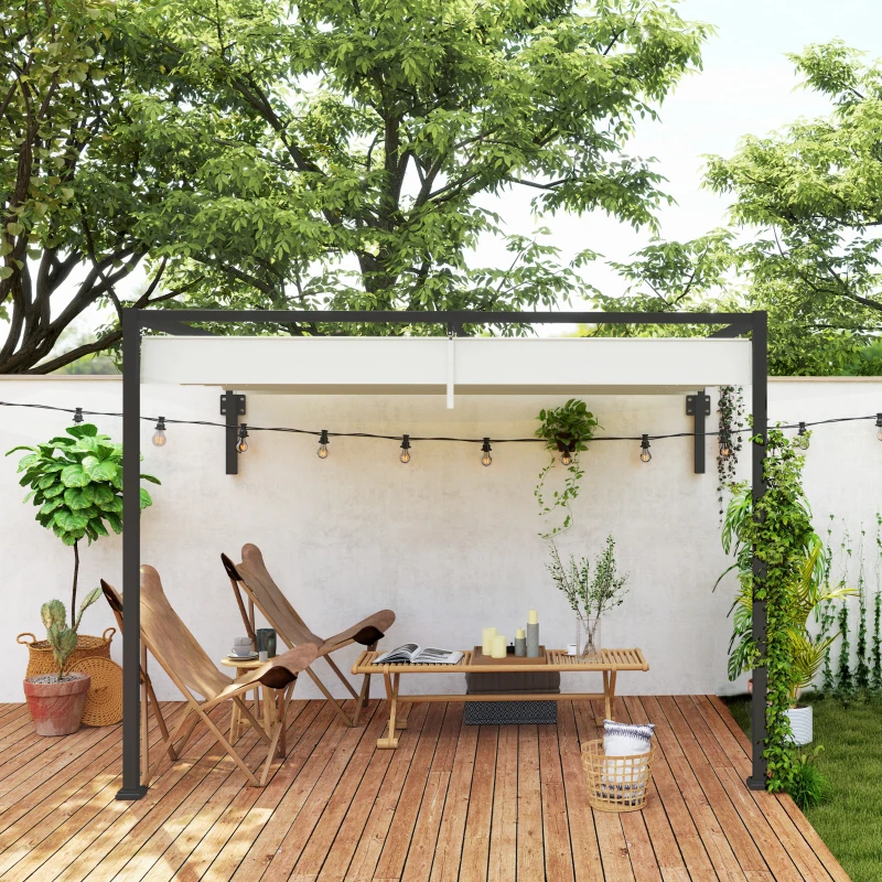 Outsunny Pérgola de Parede 297x211x220 cm Pérgola de Jardim com Teto Retrátil e Estrutura de Aço Pérgola Creme