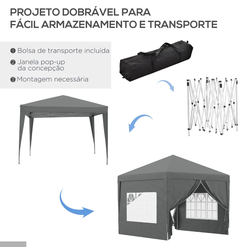Outsunny Tenda de Jardim com Paredes Laterais Amovíveis Janelas Porta com Fecho de Correr e Bolsa de Transporte 295x295x196-258 cm Cinzento
