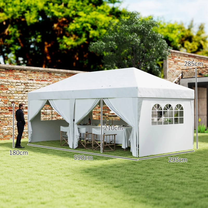Outsunny Tenda Dobrável 5,90x2,95 m Tenda de Jardim com 6 Paredes Laterais Impermeável Anti-UV e Bolsa de Transporte Branco