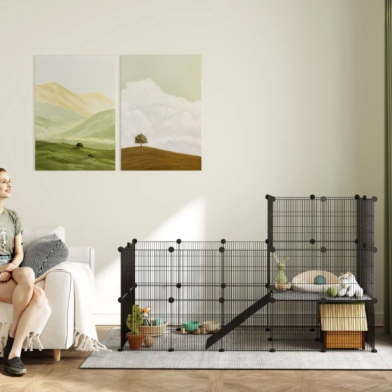 PawHut Gehege für Zwergkaninchen, 39-Paneel-Stall für kleine Haustiere, mit Rampe, für Kleintiere, Indoor, Schwarz(m-8)