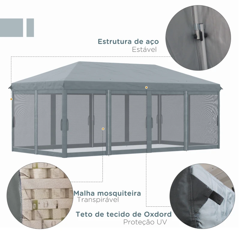 Outsunny Tenda Dobrável 585x295x270 cm Tenda de Jardim com 6 Mosquiteiros Bolsa de Transporte e Estrutura de Aço Cinza