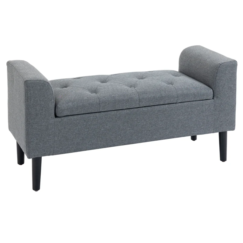 HOMCOM Zitbank met Opbergruimte, Gestoffeerde Bank, Belastbaar tot 130 kg, Linnenlook, Rubberhout, 116 x 44 x 58 cm, Lichtgrijs(m-10)