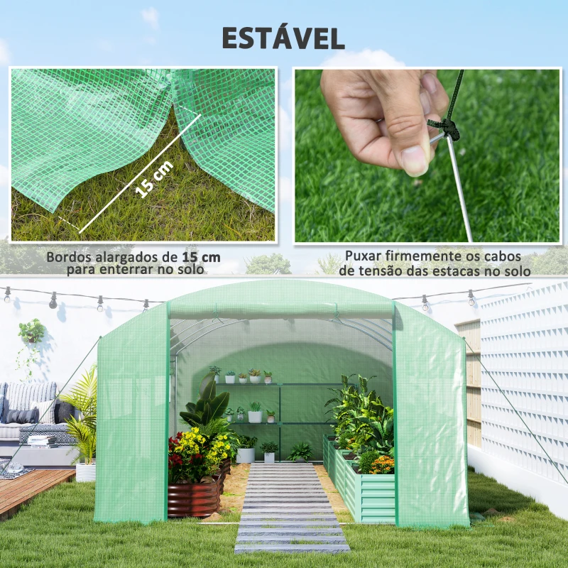 Outsunny Estufa tipo Túnel 6x3x2 m Estufa de Exterior com 4 Janelas de Malha Cobertura de PE Anti UV e 3 Portas Enroláveis Verde