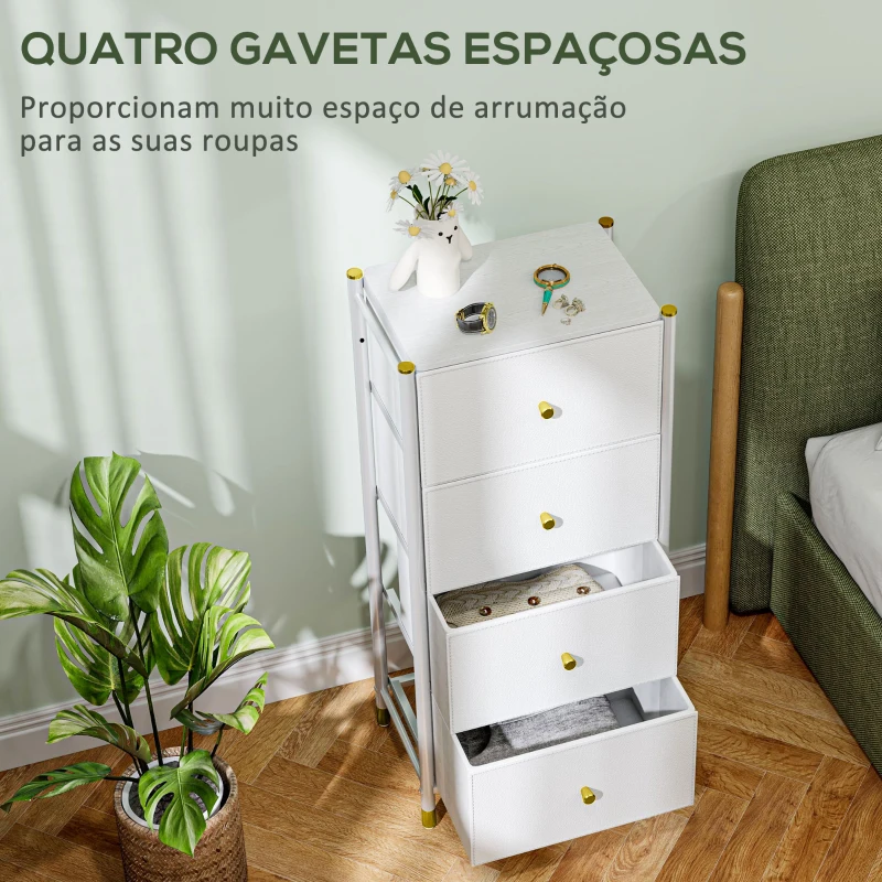 HOMCOM Cómoda para Dormitório Cómoda de Tecido com 4 Gavetas Dobráveis com Frentes de Couro PU 46x30x98 cm Branco